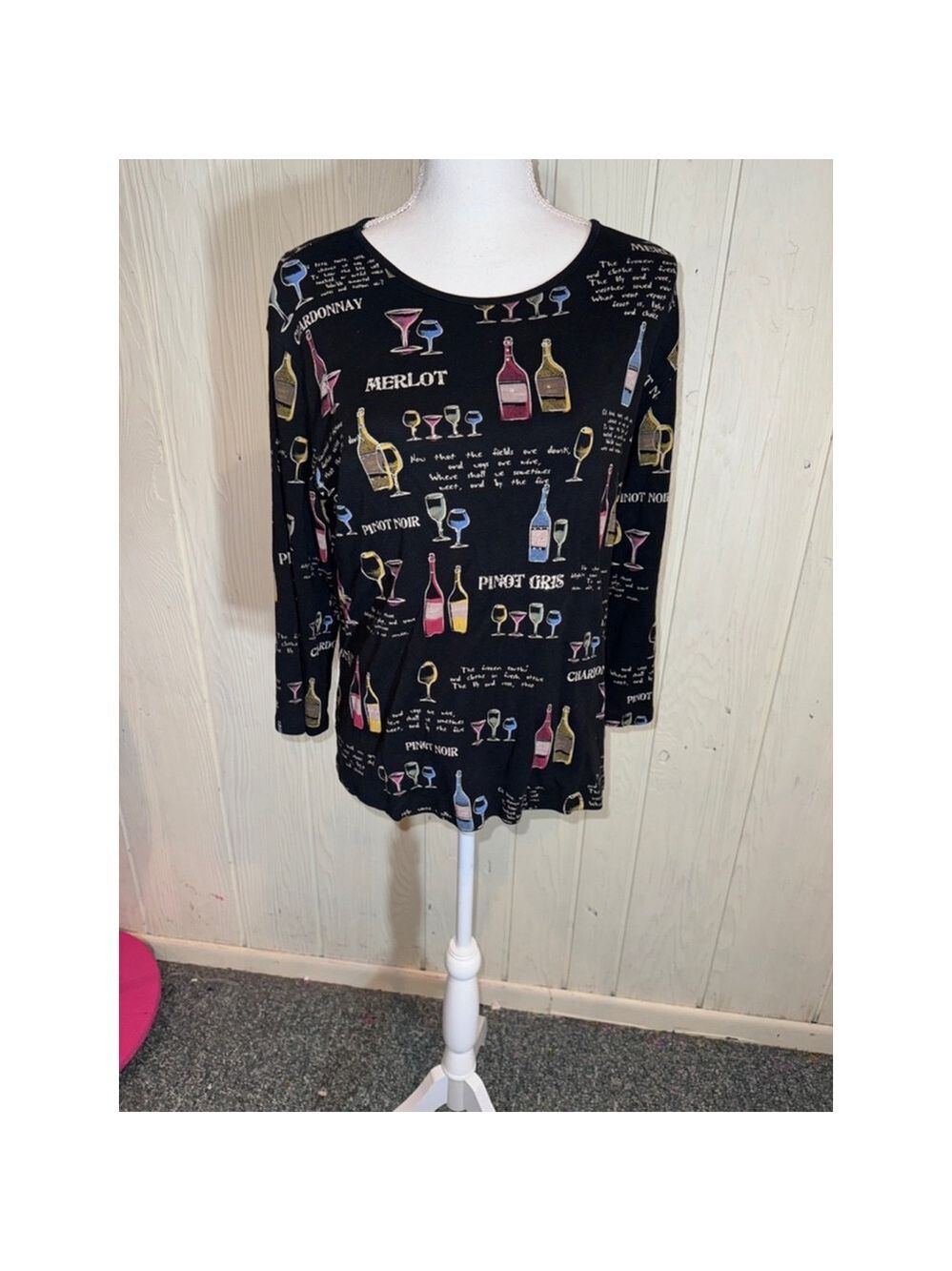 Jess & Jane Black Wine Print Long Sleeve Shirt Large - Picture 6 of 16